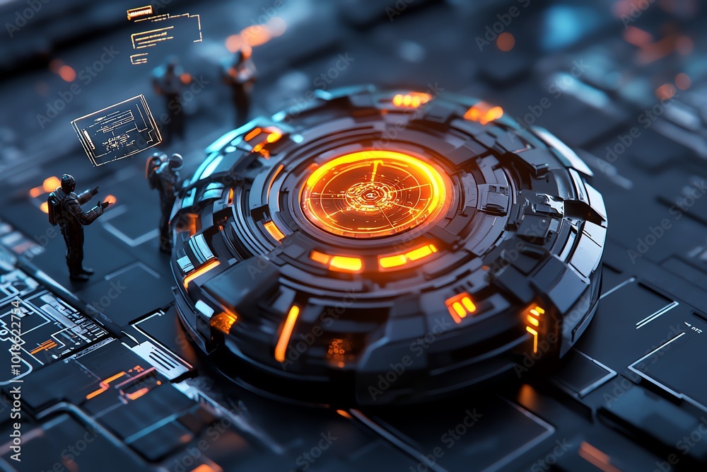 Leinwandbilder Fantasy scene of a glowing alien device being reverse engineered, with scientists studying its mysterious technology while holographic diagrams float in the air