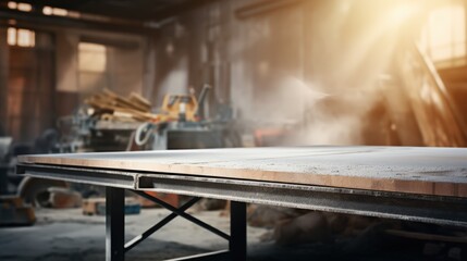 Industrial metal table in a workshop provides a sturdy surface for tools and hardware product displays