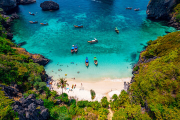 Turquoise lagoon with white coral sand Nui beach. Landscape koh Phi Phi Don island, Krabi, Thailand...