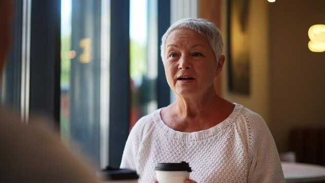 Portrait of positive retired lady with gray hair drinking from coffee mug, enjoying conversation with unrecognizable interlocutor in warm cafe with contemporary decor and soft sunlight in background.