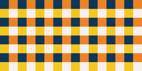 Seamless pattern with dark blue, orange, yellow and white checkered pattern