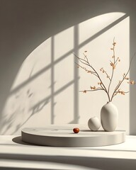 Minimalist 3D studio setting featuring a charcoal grey backdrop a product display podium against bare walls and dramatic window lighting casting shadows across the countertop