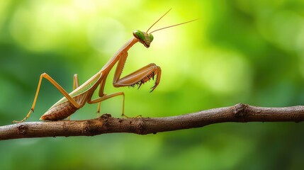 Praying Mantis on Branch in Natural Setting