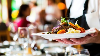 Chef holding a plate of beautifully arranged gourmet food, with a satisfied smile, symbolizing high food expectations and culinary excellence.