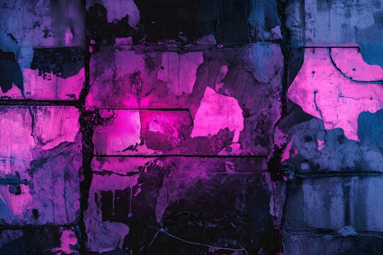 Cyberpunk neon graffiti wall texture, glitch effects, bright, fragmented light patterns, worn-out concrete