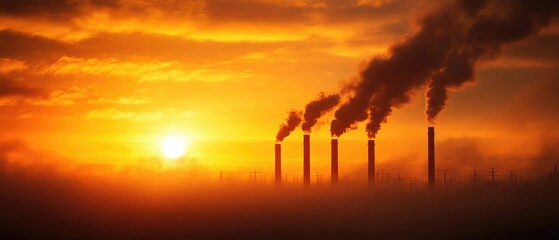 Obraz premium Factory smokestacks silhouetted against a vibrant sunset sky.
