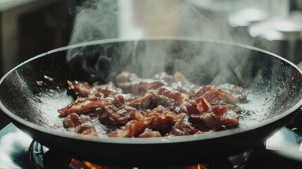 Sizzling Bacon in a Pan with Steam Rising