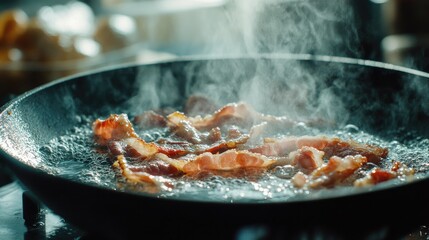 Sizzling Bacon in a Hot Pan with Steaming Effects