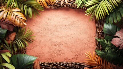 Tropical Leaf Frame with Textured Coral Background