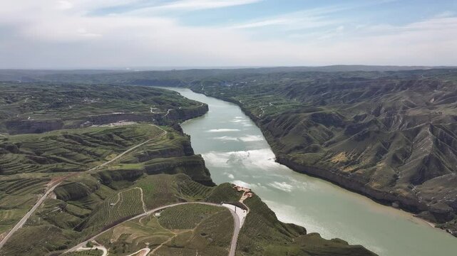 aerial of river huang he in shanxi