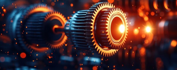 Obraz premium A close-up view of intricate gears with a glowing center, showcasing a futuristic mechanical design against a dark background.
