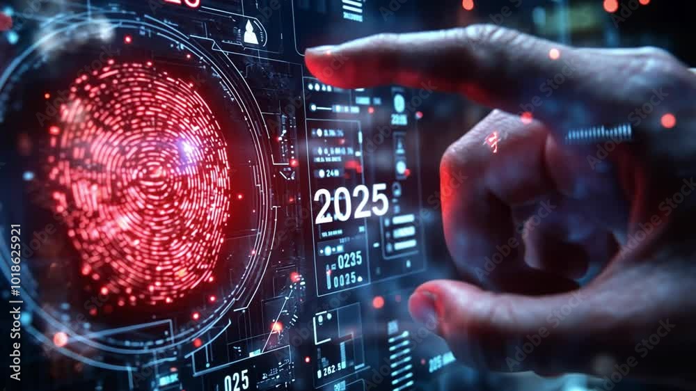 Poster futuristic interface displaying digital fingerprint recognition technology for security in 2025