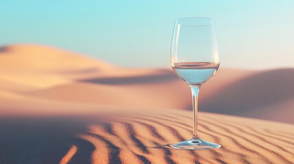 Desert Oasis, close-up of water droplets on a glass surrounded by serene sand dunes under a clear blue sky, minimalist elegance in nature