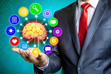 A businessman holds his hand out, with an AI brain graphic floating above it, surrounded by icons representing various business and technological elements.