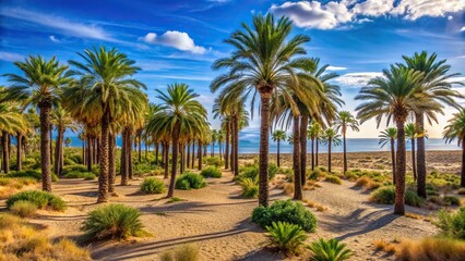 Fototapeta premium Barren desert landscape with palm trees in Benicassim, Costa Azahar