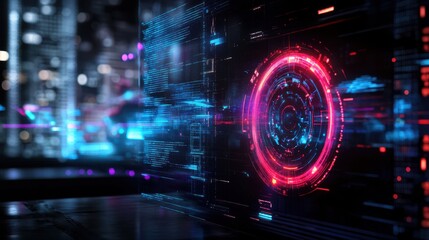 Futuristic digital interface with neon lights and abstract technology elements, showcasing innovation and high-tech data visualization.