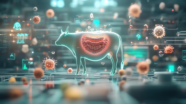 3D visualization of a cow s stomach with four chambers, Bovine Digestive System, ruminant digestion and food breakdown