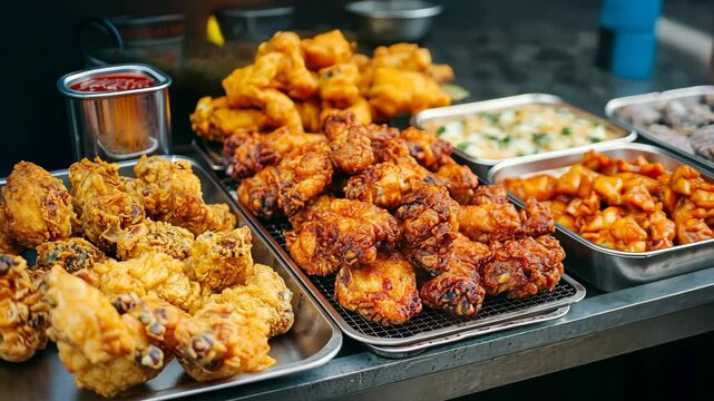 A street food vendor in Asia offers a variety of fried chicken options, perfect for a quick and satisfying meal