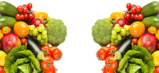 Healthy vegetables and fruit isolated on white. Collage. Free space for text. Wide photo.