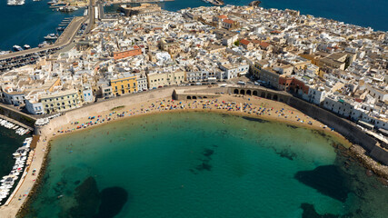 Aerial view of Spiaggia della Purità (Purity Beach) in the historic center of Gallipoli, a city in...