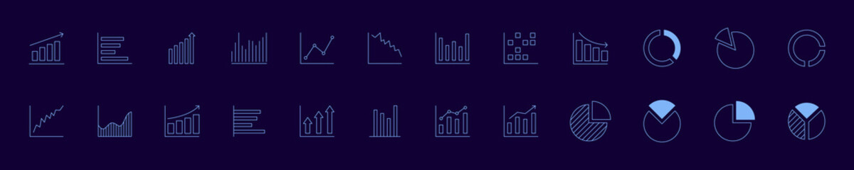 Bar graph line icons set. Graph, Line, Bar, Chart, Diagram, Report, Statistics. Business graphs and charts icons. Business infographics. Statistic data, charts, vector.