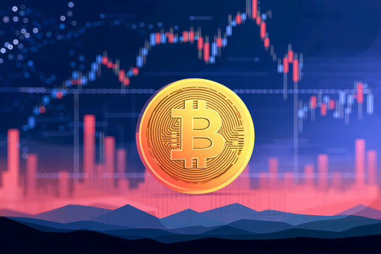 Golden crypto coin on blue-pink background with defocused chart and graphs of cryptocurrency stock market.