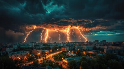 Dramatic scene featuring lightning striking over a city skyline under dark, stormy clouds at dusk, showcasing nature's power.