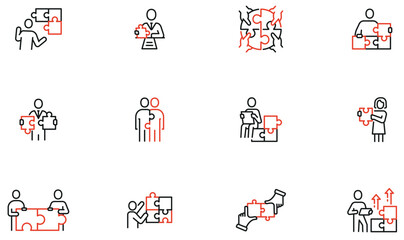 Vector Set of Linear Icons Related to Organization Process, Business Structure. Puzzle and Leadership. Mono line pictograms and infographics design elements - part 2