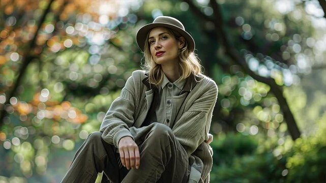 A relaxed park setting where a model wears casual eco-conscious clothing, made from organic fibers, blending seamlessly with the natural surroundings.