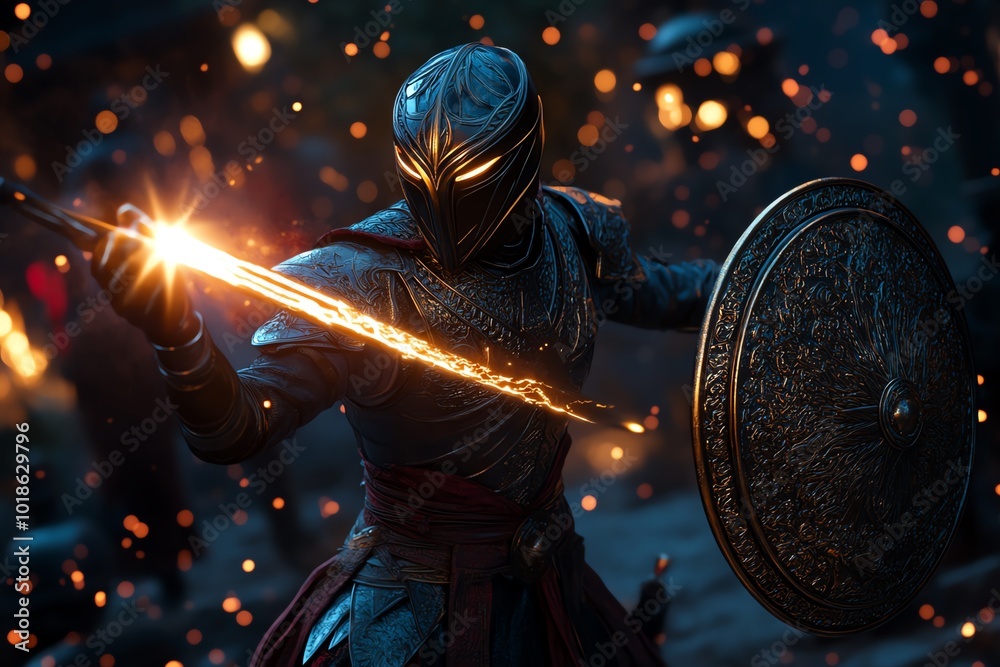 Aufkleber fantasy scene of a warrior with a sword glowing with light in one hand and a shield of darkness in t