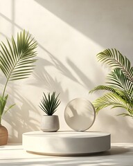 Fototapeta premium Serene and Elegant 3D Studio Interior with Clean Product Display Podium and Subtle Window Lighting Creating a Calming and Minimalist Atmosphere for Digital Mockup