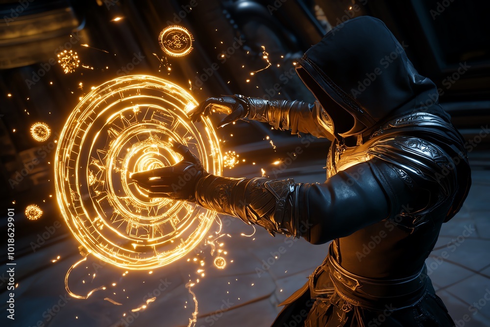 Poster fantasy scene of an engineer reverse engineering a magical artifact, with glowing runes and gears fl