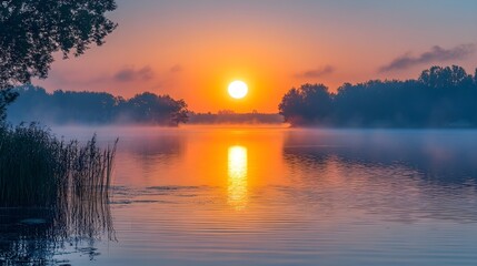 Fototapeta premium Sunrise over a calm lake with fog.