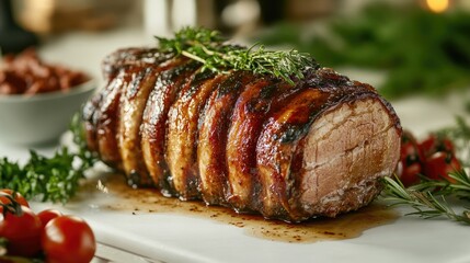 Juicy Roast Meat with Fresh Herbs and Cherry Tomatoes
