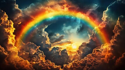 A breathtaking rainbow arcs across a dramatic sky filled with vibrant clouds and warm sunset hues, showcasing nature's beauty.