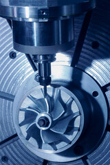 CNC turning drill milling factory processes steel turbine part process. Metal machine tools industry