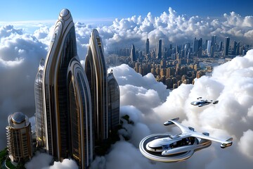 Futuristic depiction of a business district in a vertical city where buildings stretch high into the clouds, and flying cars navigate the skyline