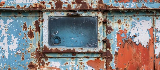 Naklejka premium Rusty Metal Surface with Peeling Paint and Indistinct Blue Writing on Window