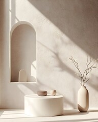 Tranquil 3D studio space with clean ivory walls and floors an empty product stand and natural sunlight streaming through a window creating a soft shadow effect on the countertop