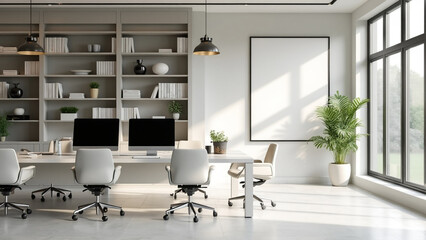 Modern office room interior with coworking space and fashionable furniture. White Mockup frame.