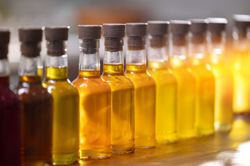 Set craft bottle with oil sunflower, hemp, black cumin, cannabis, flax, cedar, castor, apricot, sesame, milk thistle, camelina, pumpkin seeds
