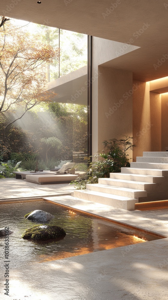 Poster A large open space with a pool and a staircase