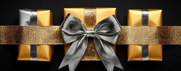 black friday and cyber monday text write with gift packages wrapped with golden and silver ribbon bow isolated on black background