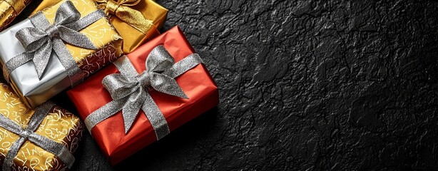 black friday and cyber monday text write with gift packages wrapped with golden and silver ribbon bow isolated on black background