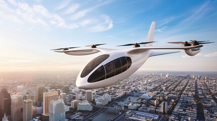 Fototapeta premium Sleek electric air taxi hovering above futuristic city skyline, smooth aerodynamic design, golden hour sunlight, modern transportation concept.