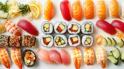 Fresh and Colorful Sushi Selection on White Background