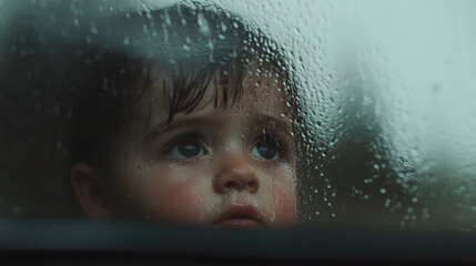Child Peering Out of a Window Watching Raindrops | Capturing Innocence and Wonder in a Rainy Day Scene