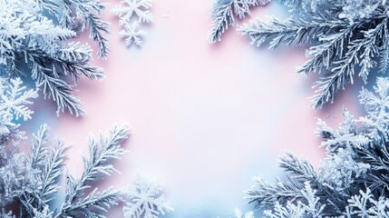 Snow-Covered Pine Branches and Snowflakes on Pink and Blue Background