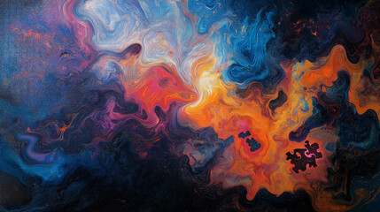 Fototapeta premium Colorful abstract swirls of paint in blue, orange, pink, and black resembling a cosmic landscape