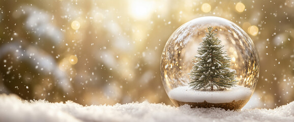 Christmas background with space for text, crystal ball on snow, bokeh effect